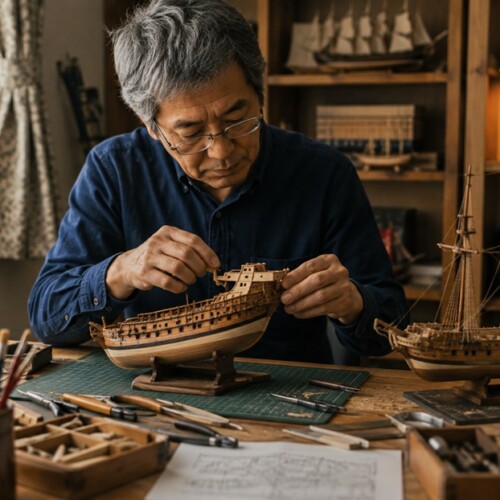 部品の位置や組み立て方を変えながら模型作りで試行錯誤する男性