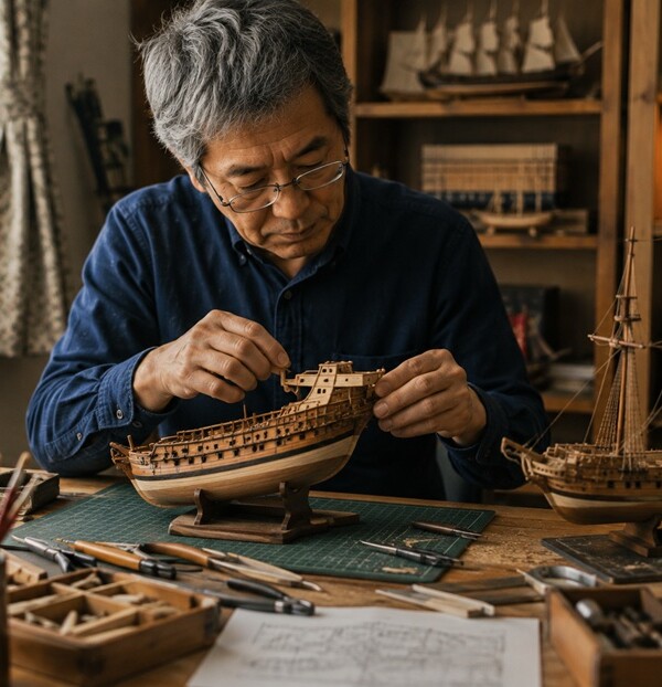 部品の位置や組み立て方を変えながら模型作りで試行錯誤する男性