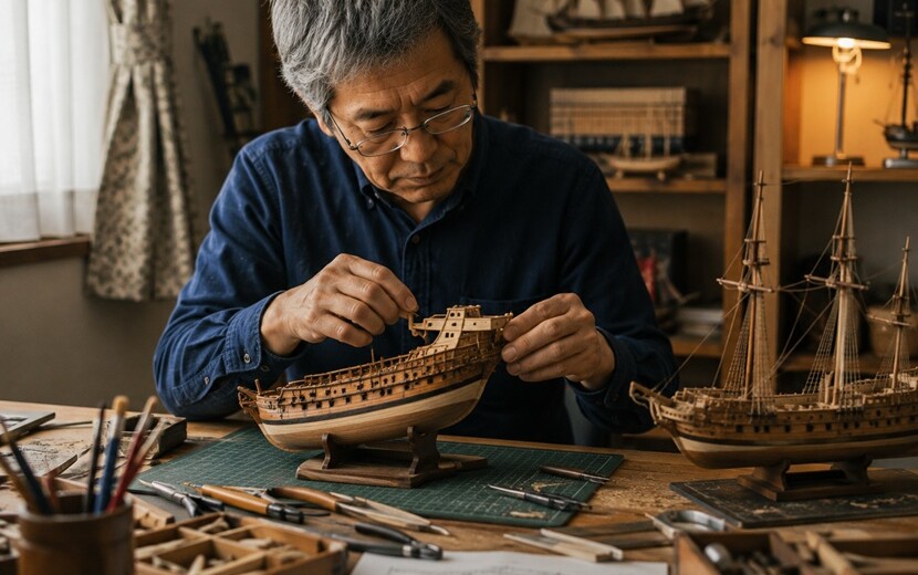部品の位置や組み立て方を変えながら模型作りで試行錯誤する男性