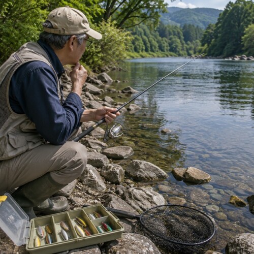 ルアーや釣る場所を変えながら釣り方を試行錯誤する男性