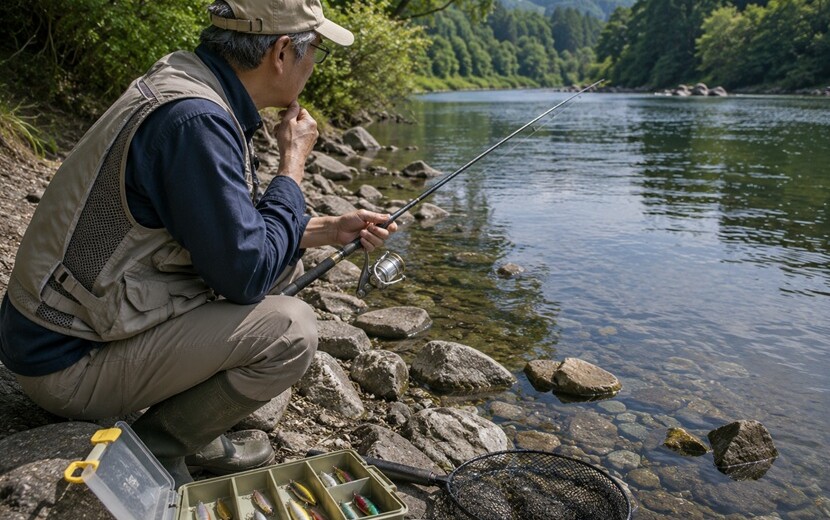 ルアーや釣る場所を変えながら釣り方を試行錯誤する男性