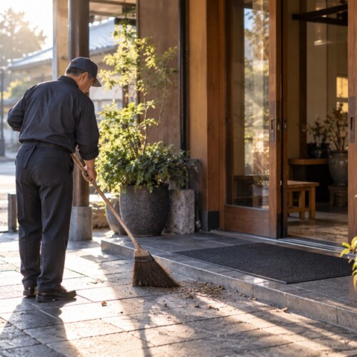 早朝の店舗前を丁寧に掃除して凡事徹底を実践する人物
