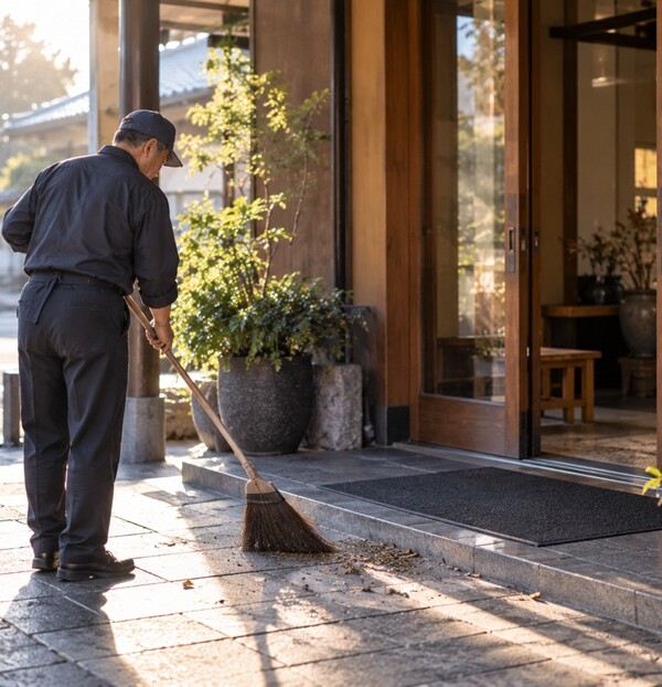 早朝の店舗前を丁寧に掃除して凡事徹底を実践する人物