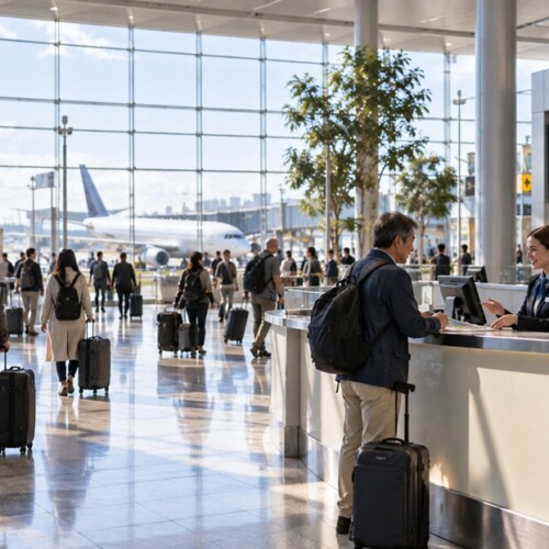 海外の国際空港でスタッフと英語で会話する日本人旅行者