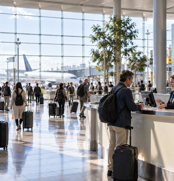 海外の国際空港でスタッフと英語で会話する日本人旅行者