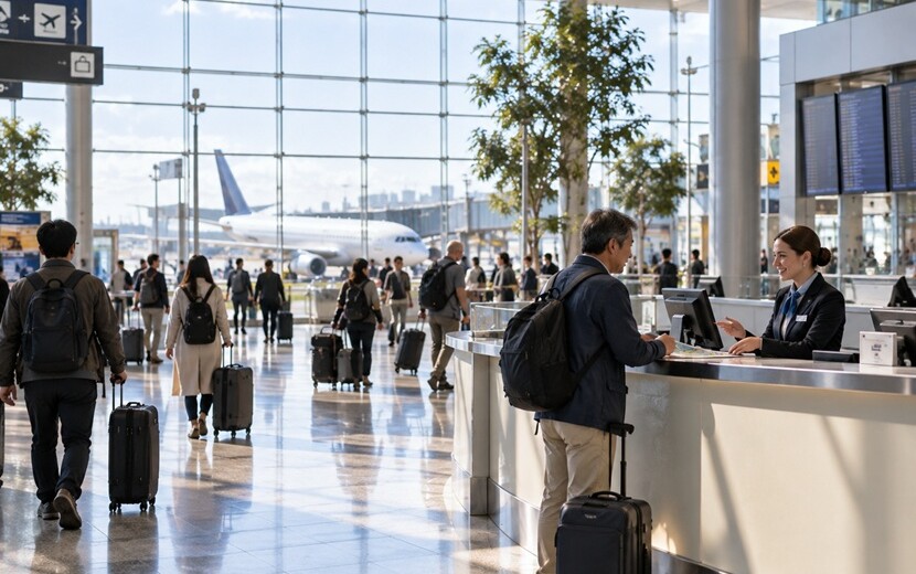 海外の国際空港でスタッフと英語で会話する日本人旅行者