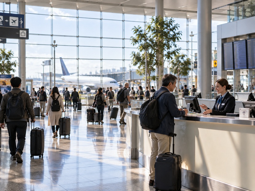 海外の国際空港でスタッフと英語で会話する日本人旅行者