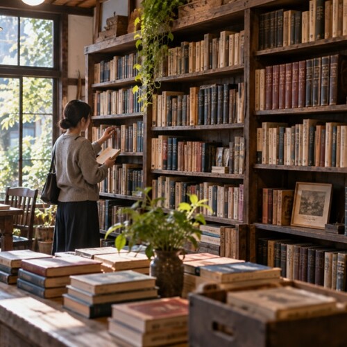 古書店の本棚で似た意味を持つ言葉を調べる人物