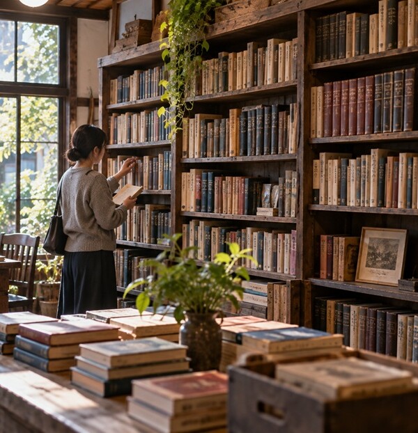 古書店の本棚で似た意味を持つ言葉を調べる人物