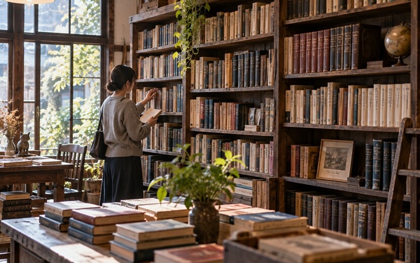 古書店の本棚で似た意味を持つ言葉を調べる人物