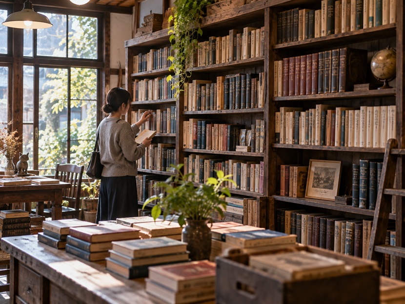 古書店の本棚で似た意味を持つ言葉を調べる人物