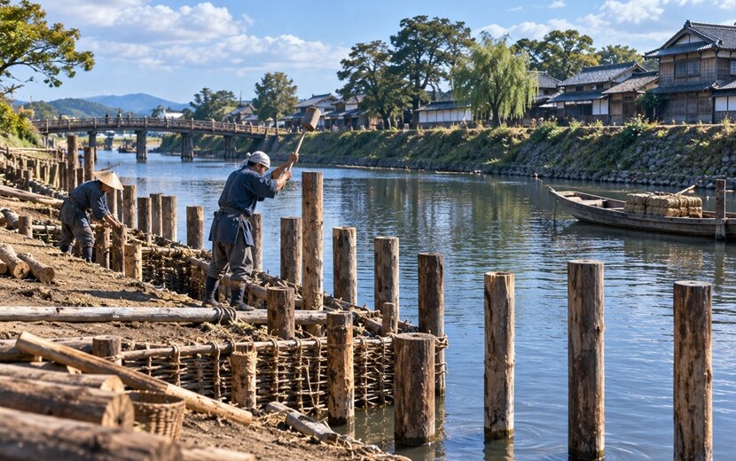 江戸時代を思わせる川沿いで高さの違う木製の杭を打つ職人