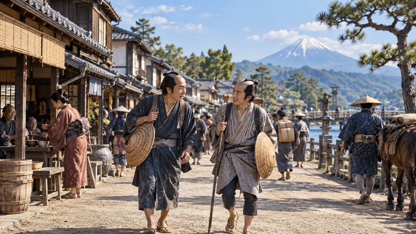 江戸時代の東海道を歩きながら会話する旅人たち