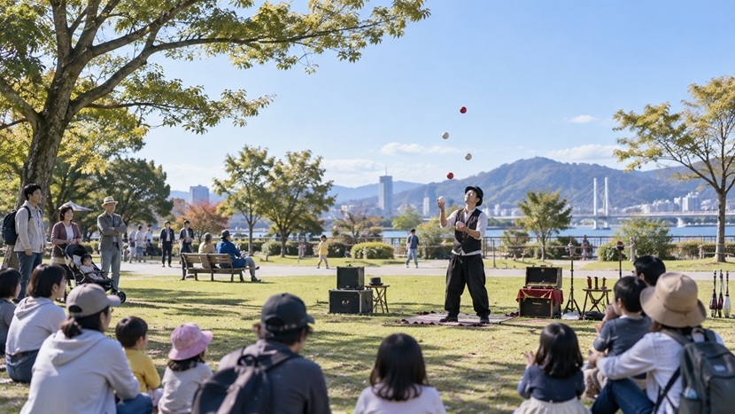 公園で難しいジャグリングを余裕を持って披露する大道芸人