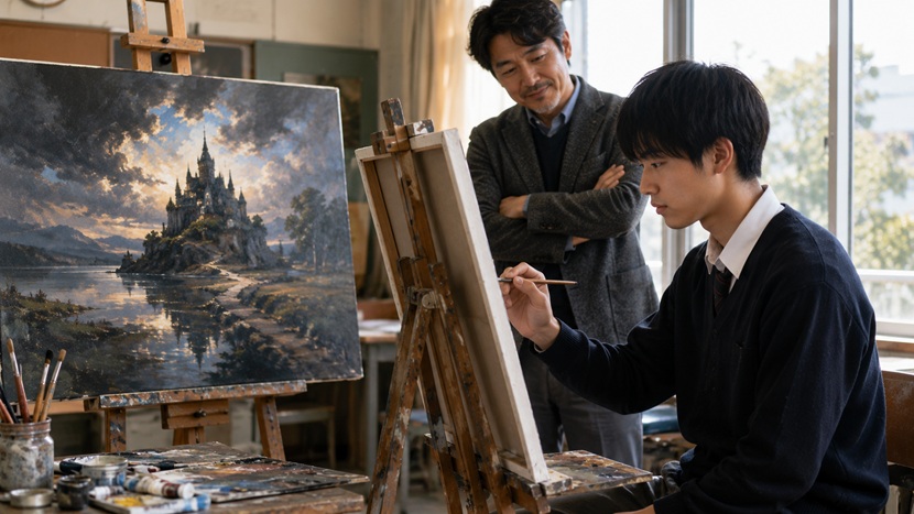 優れた絵画の才能を発揮する少年と作品を見る美術教師