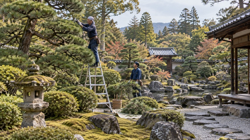 日本庭園で大きな松を手際よく剪定する熟練した庭師