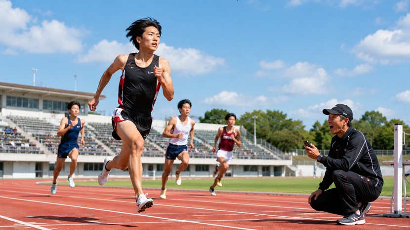 優れた運動能力を発揮して陸上競技をする高校生