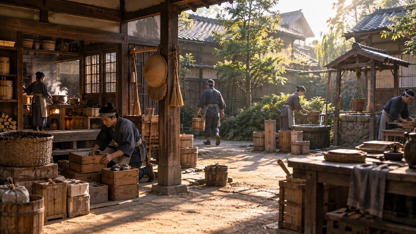 江戸時代の商家で朝食前に軽い仕事を済ませる奉公人たち