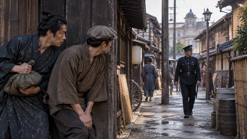 周囲を警戒しながら危険を感じている昔の日本の男性たち