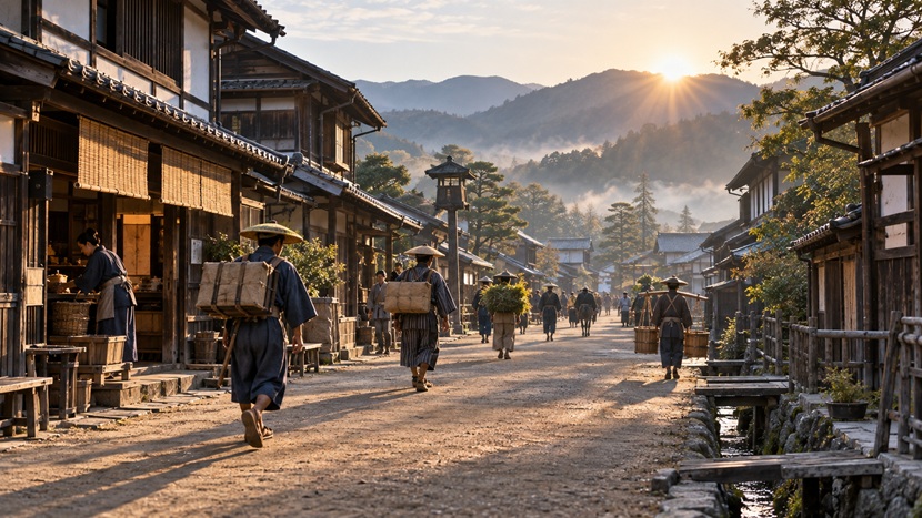 早朝の宿場町から街道を歩き始める江戸時代の旅人たち