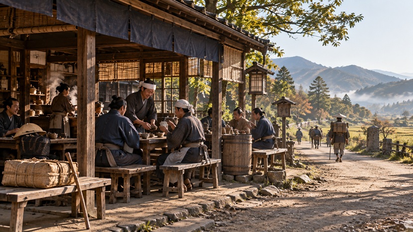 江戸時代の街道沿いの茶屋で茶や軽い食事を取る旅人たち