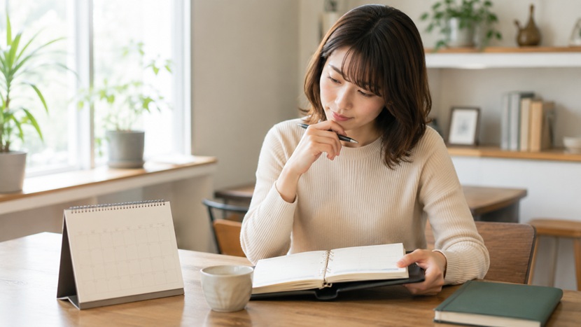 カレンダーを見ながら近い将来の予定を確認する女性