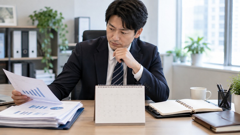過去の実績とこれからの予定を見比べる会社員