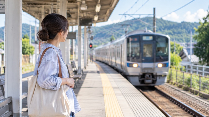 休日にホームで間もなく到着する電車を待つ人
