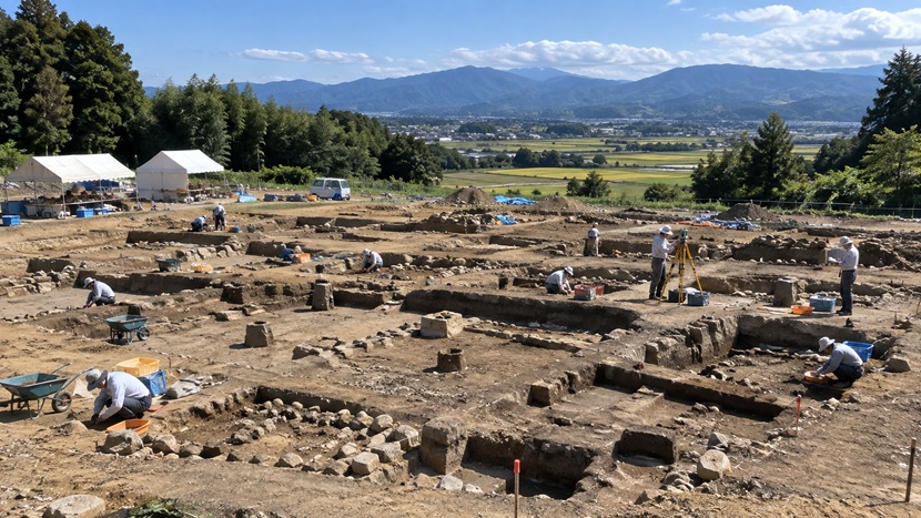 何日にもわたって調査が続けられる広い遺跡発掘現場