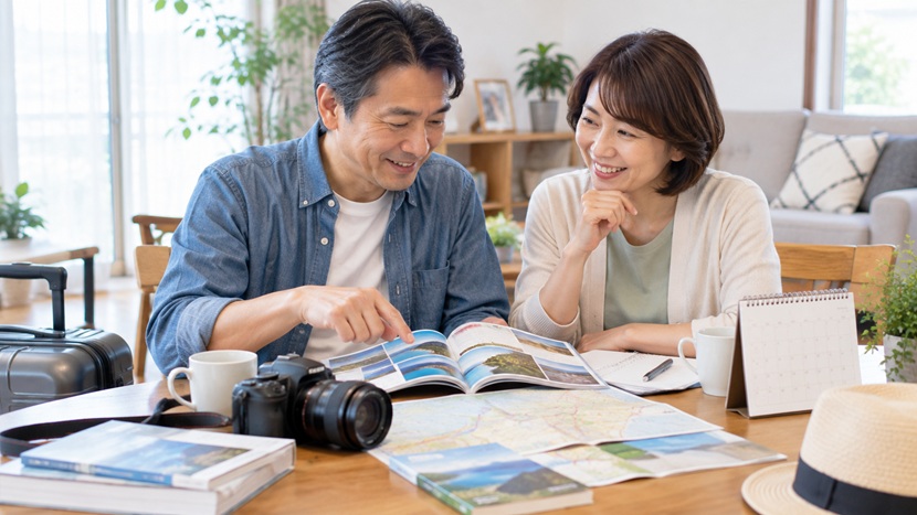 近い将来の旅行について自宅で相談する夫婦