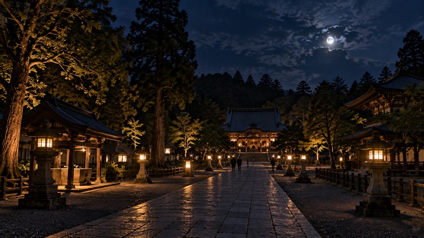 灯籠がともる夜の古い寺院と静かな参道