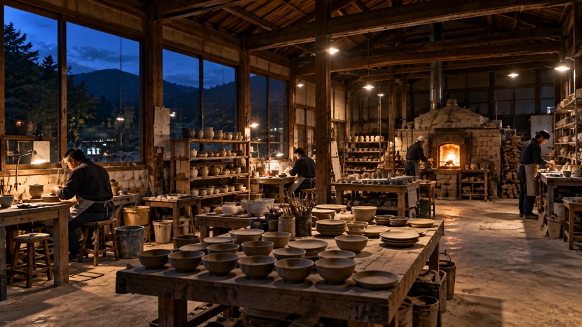 夜になっても複数の職人が作業を続ける陶芸工房