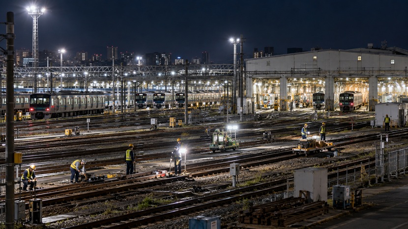 夜間も点検作業が続けられる広い鉄道車両基地