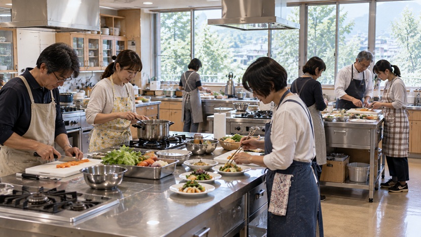 料理教室で得意な作業を分担する複数の参加者