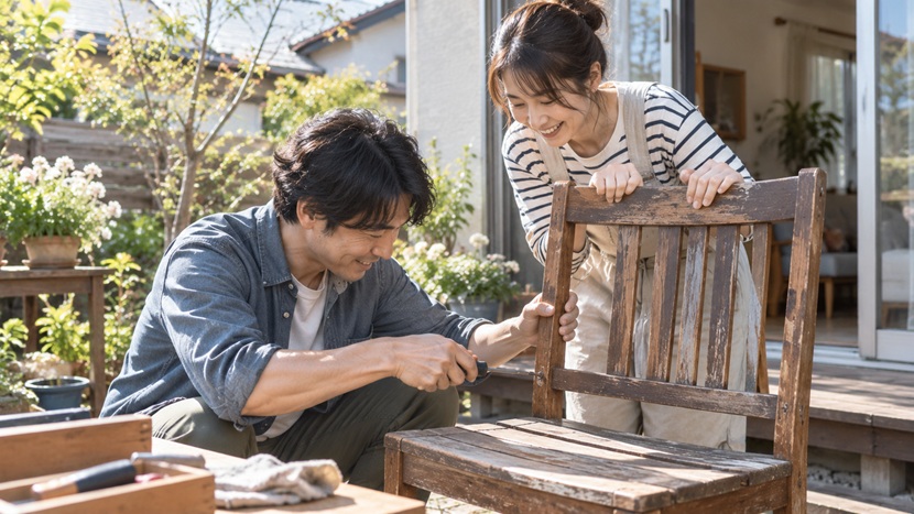 自宅で古い椅子を一緒に修理する日本人夫婦