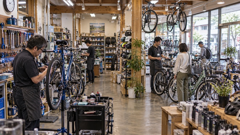 自転車店で得意な仕事を分担して働く複数のスタッフ