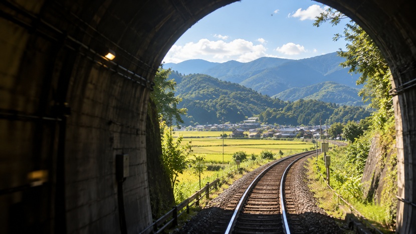 トンネルを抜けて明るい田園風景へ向かう日本のローカル列車