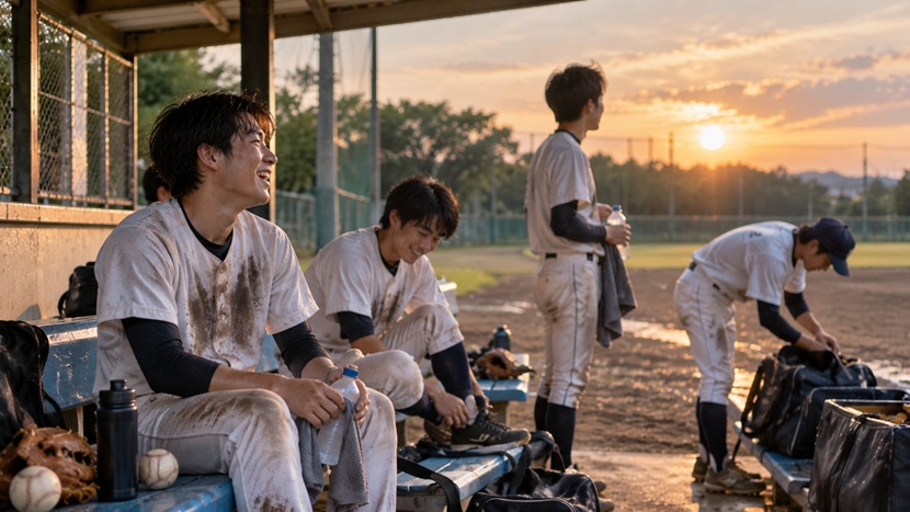 夕方の河川敷で草野球を終えて片付けをする若者たち