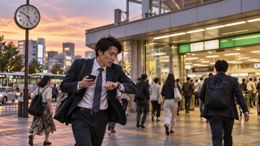 時間に遅れそうになり焦りながら駅へ向かう会社員