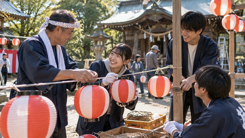 地域行事の準備をしながら若者の話を聞く経験豊富な日本人