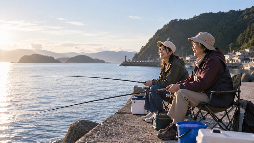海辺で釣りをしながら穏やかに話す世代の異なる日本人女性