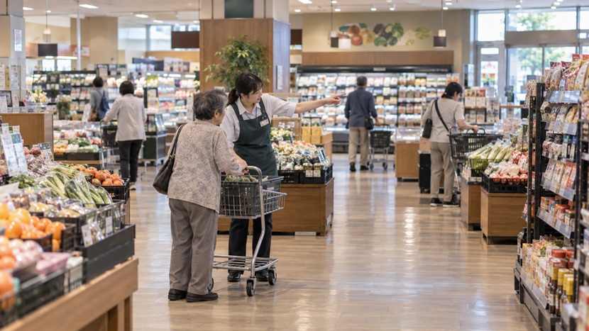高齢の買い物客に配慮して売り場を案内する店員