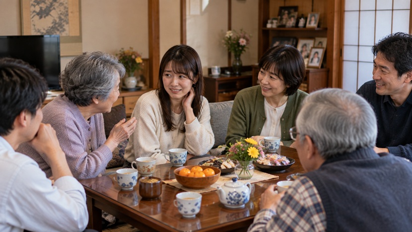 親戚の集まりで年配者からの質問に少し困った表情を見せる若い女性