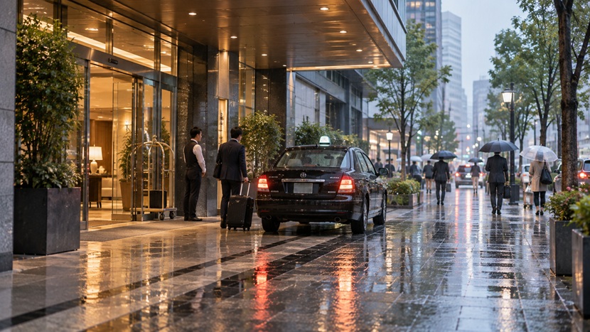 雨の日に出張客が移動しやすいようタクシーを手配したホテル