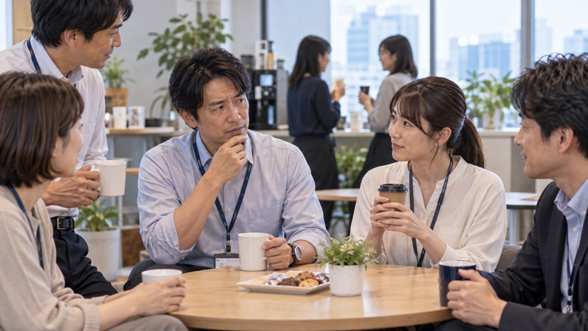 職場の雑談で相手に配慮しながら言葉を選ぶ会社員