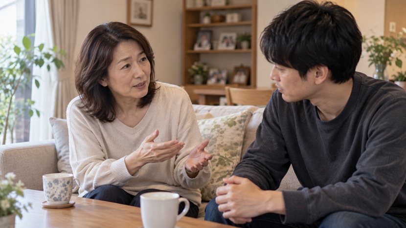 家庭で相手に配慮しながら穏やかに言葉を選んで話す二人