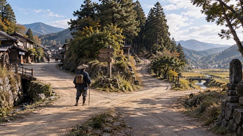 複数に分かれた昔の街道で進む道を考える旅人の様子