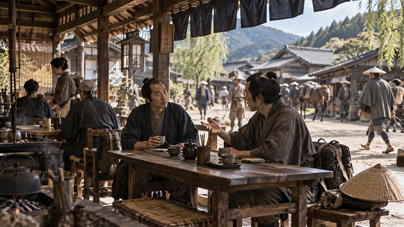 昔の茶屋で会話の途中に突然別の話を切り出す旅人の様子