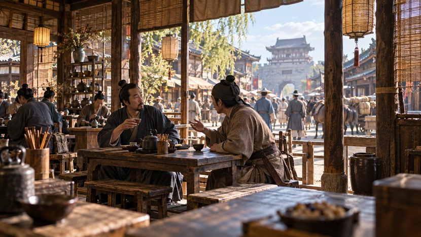 唐代を思わせる茶館で会話中に突然別の話題を切り出す二人の旅人