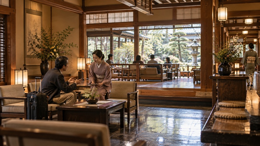 日本の旅館で宿泊客がスタッフに急なお願いを丁寧に相談している様子